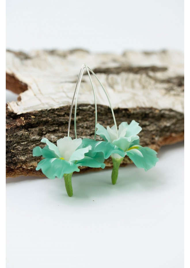 Mint Iris Flower dangle earrings, lightweight and comfortable earrings, made from polymer clay, by EtenIren