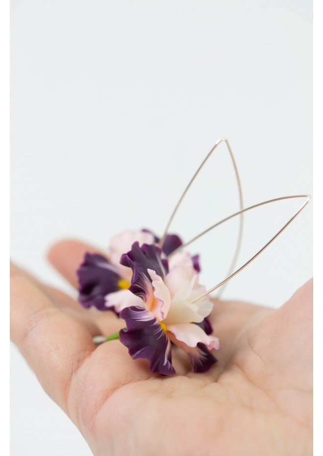 Purple Pink Iris Flower dangle earrings, lightweight and comfortable earrings, made from polymer clay, by EtenIren