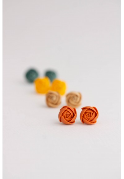 Orange Gold Yellow Turquoise Ranunculus Rose Stud Earrings, Minimalistic flowers jewelry