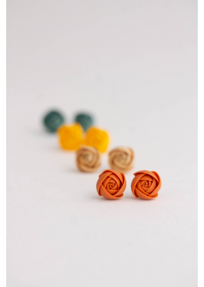 Orange Gold Yellow Turquoise Ranunculus Rose Stud Earrings, Minimalistic flowers jewelry