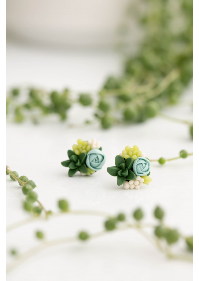 Green and Blue Succulent Stud Earrings