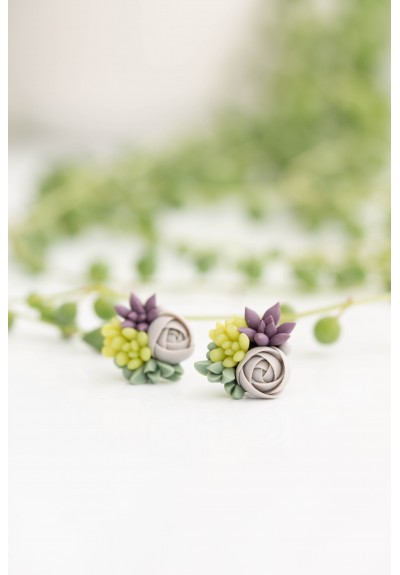 Green, Purple, and Gray Succulent Stud Earrings