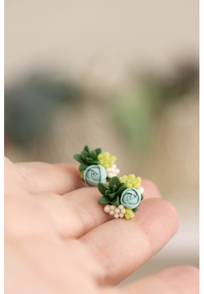 Green and Blue Succulent Stud Earrings
