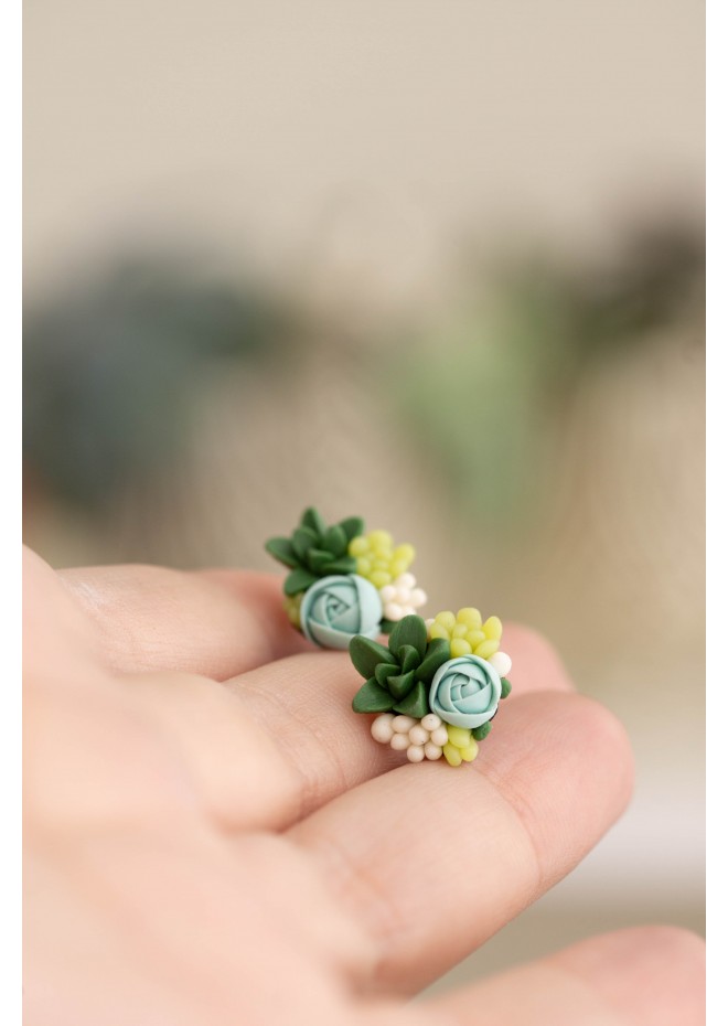 Green and Blue Succulent Stud Earrings