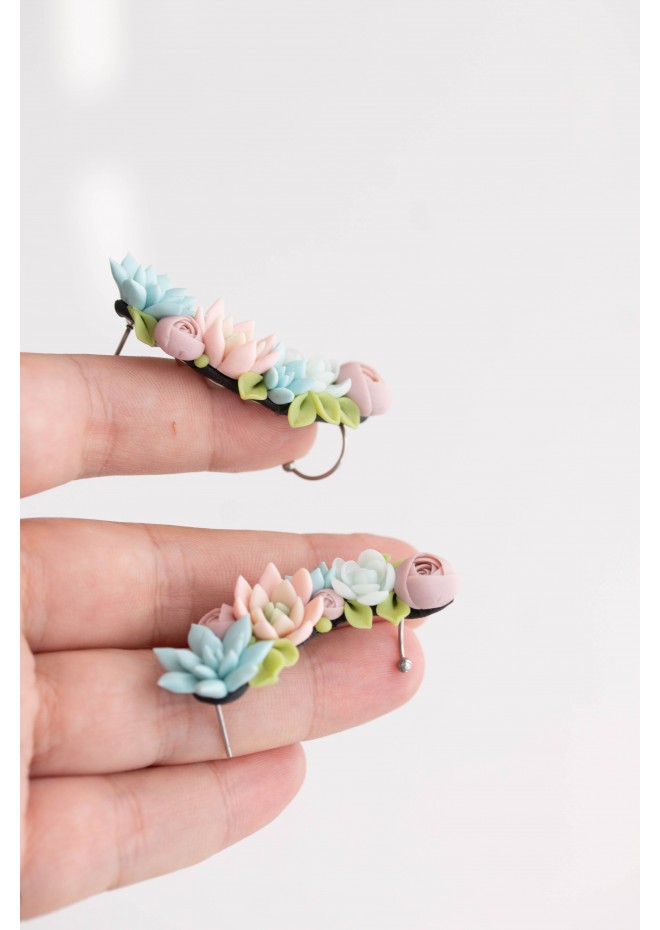 Succulent Echeveria Cuff earrings Grey Blue Purple Succulents dangle earrings, unique floral jewelry, design from EtenIren