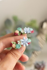 Succulent Echeveria Cuff earrings Grey Blue Pink Succulents dangle earrings, unique floral jewelry, design from EtenIren