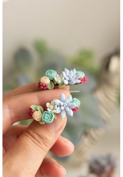 Succulent Echeveria Cuff earrings Grey Blue Pink Succulents dangle earrings, unique floral jewelry, design from EtenIren