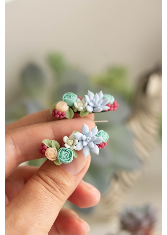 Succulent Echeveria Cuff earrings Grey Blue Pink Succulents dangle earrings, unique floral jewelry, design from EtenIren