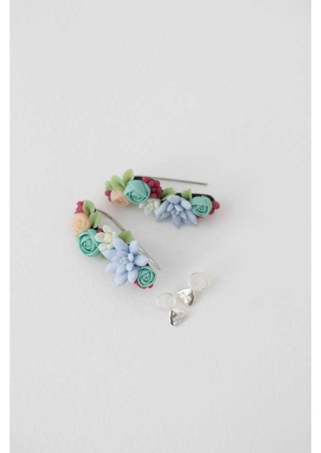 Succulent Echeveria Cuff earrings Grey Blue Pink Succulents dangle earrings, unique floral jewelry, design from EtenIren