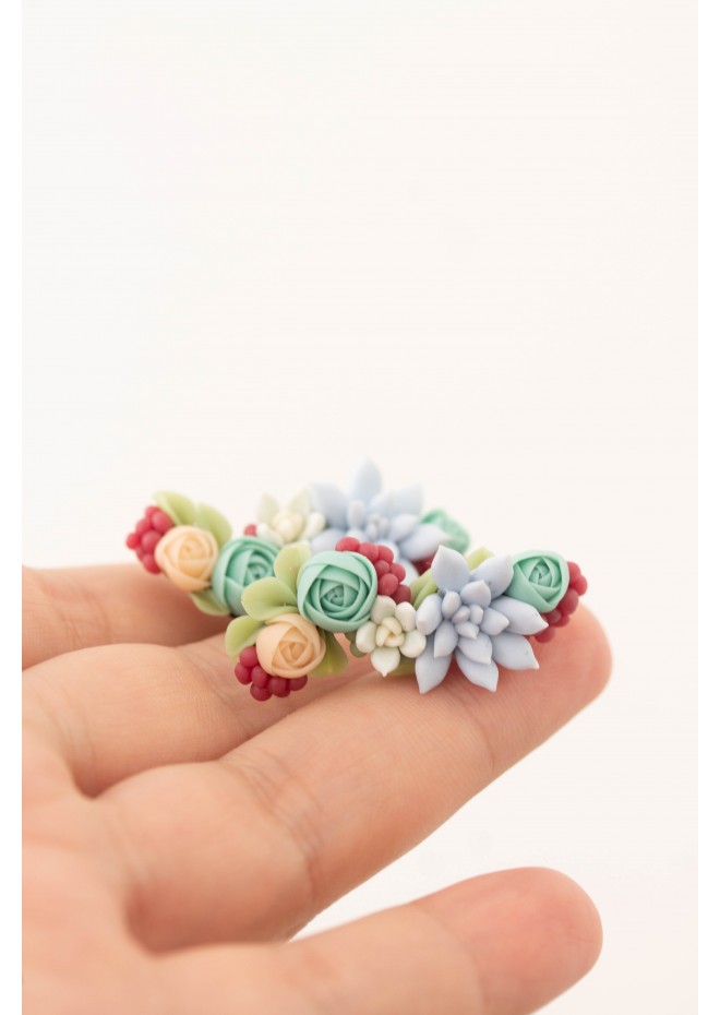 Succulent Echeveria Cuff earrings Grey Blue Pink Succulents dangle earrings, unique floral jewelry, design from EtenIren