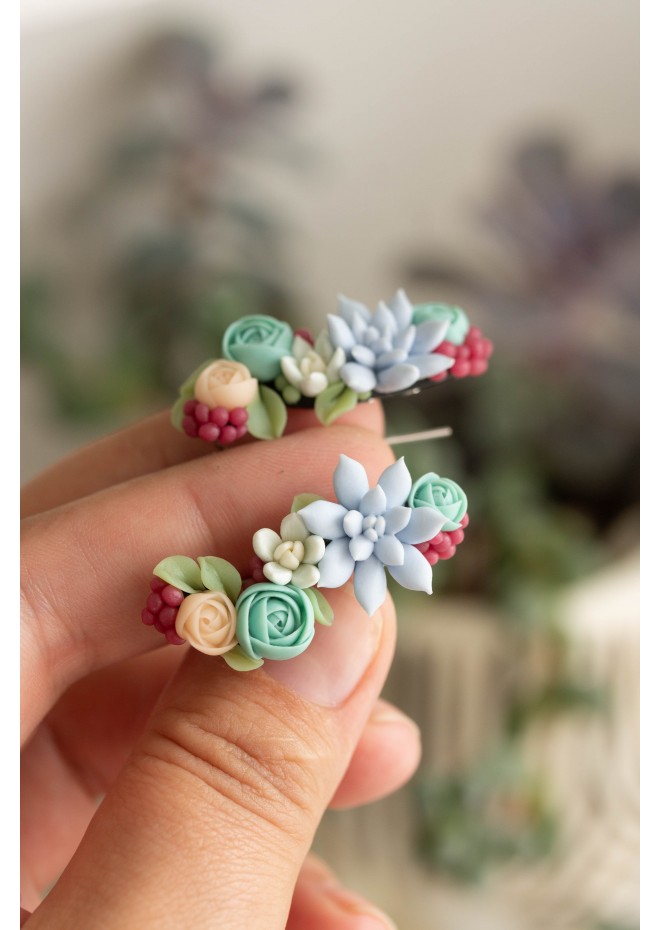 Succulent Echeveria Cuff earrings Grey Blue Pink Succulents dangle earrings, unique floral jewelry, design from EtenIren