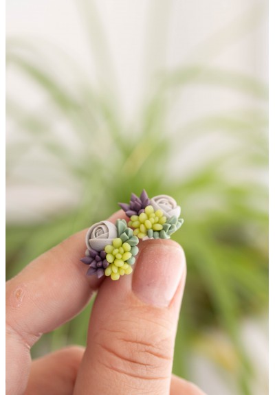 Green, Purple, and Gray Succulent Stud Earrings