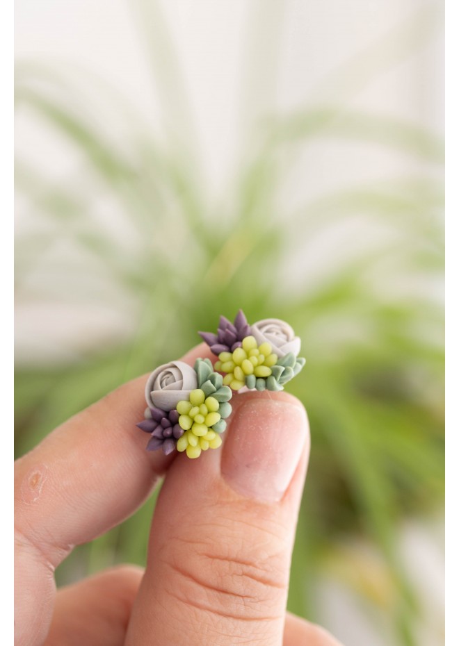 Green, Purple, and Gray Succulent Stud Earrings