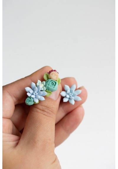 Succulent Echeveria Cuff earrings Grey Blue Pink Succulents dangle earrings, unique floral jewelry, design from EtenIren