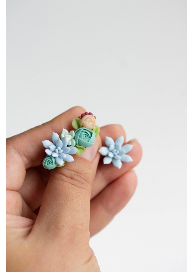 Succulent Echeveria Cuff earrings Grey Blue Pink Succulents dangle earrings, unique floral jewelry, design from EtenIren