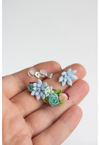 Succulent Echeveria Cuff earrings Grey Blue Pink Succulents dangle earrings, unique floral jewelry, design from EtenIren