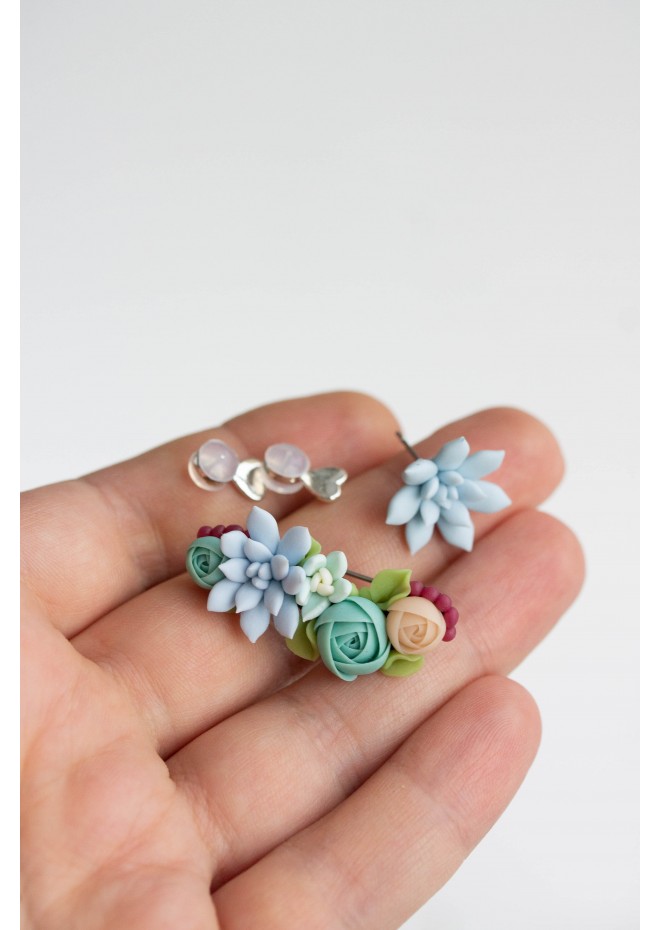 Succulent Echeveria Cuff earrings Grey Blue Pink Succulents dangle earrings, unique floral jewelry, design from EtenIren