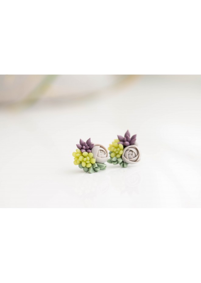 Green, Purple, and Gray Succulent Stud Earrings