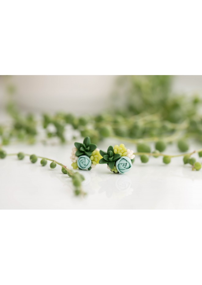 Green and Blue Succulent Stud Earrings