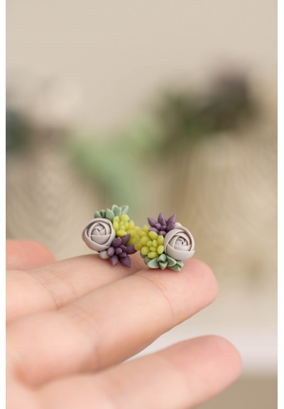 Green, Purple, and Gray Succulent Stud Earrings