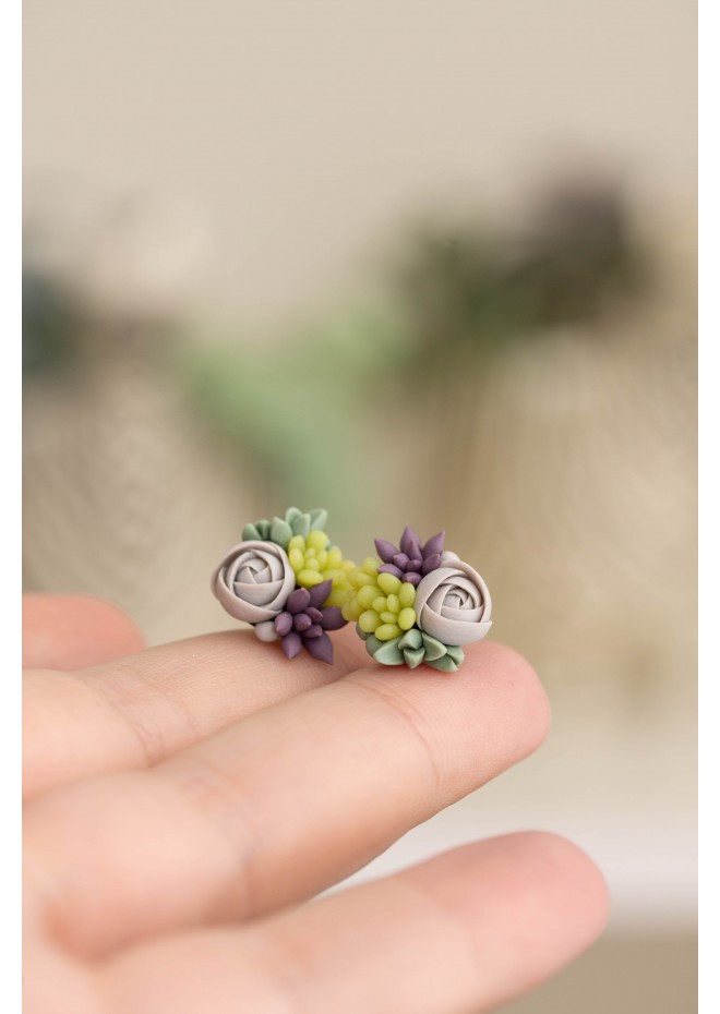 Green, Purple, and Gray Succulent Stud Earrings