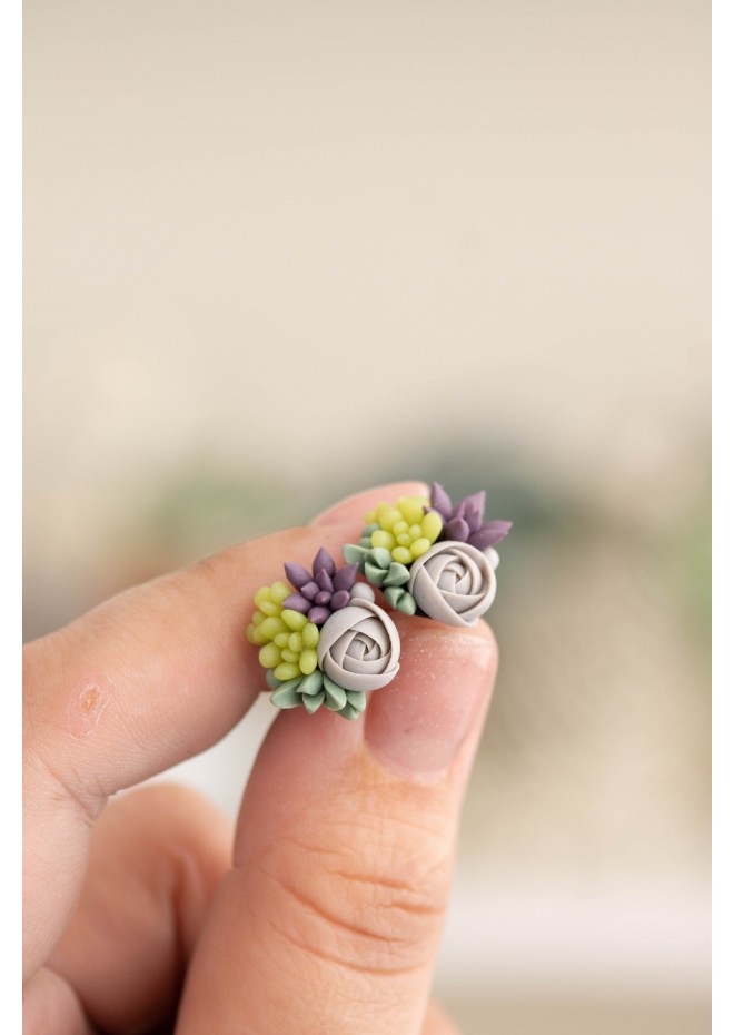 Green, Purple, and Gray Succulent Stud Earrings