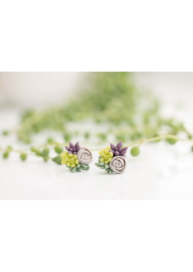 Green, Purple, and Gray Succulent Stud Earrings