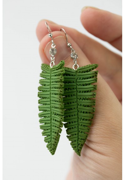 Fern leaf dangle earrings, made from polymer clay, by EtenIren