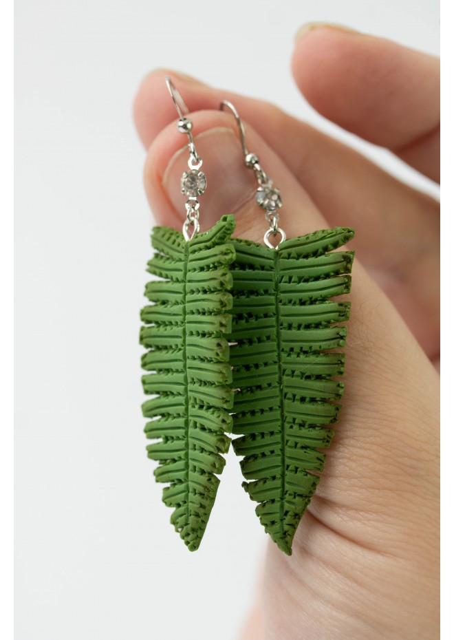 Fern leaf dangle earrings, made from polymer clay, by EtenIren