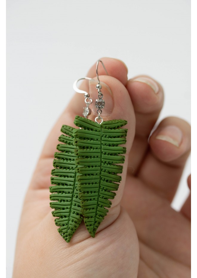 Fern leaf dangle earrings, made from polymer clay, by EtenIren