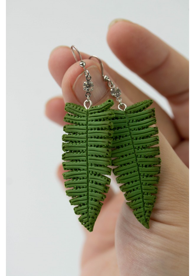 Fern leaf dangle earrings, made from polymer clay, by EtenIren