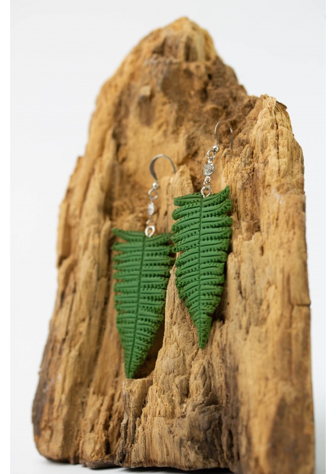 Fern leaf dangle earrings, made from polymer clay, by EtenIren