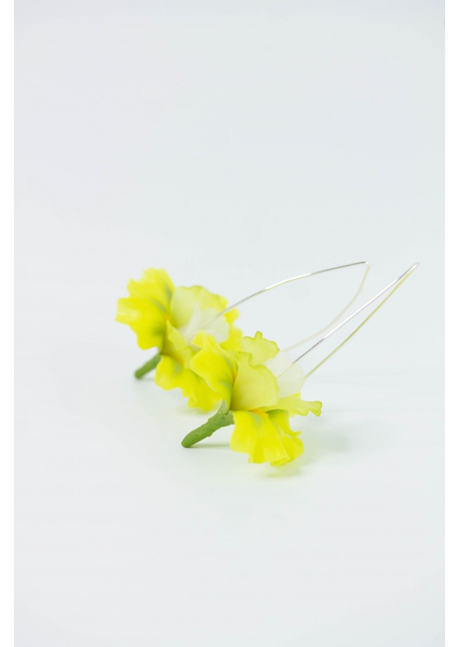 Yellow Iris Flower dangle earrings, lightweight and comfortable earrings, made from polymer clay, by EtenIren