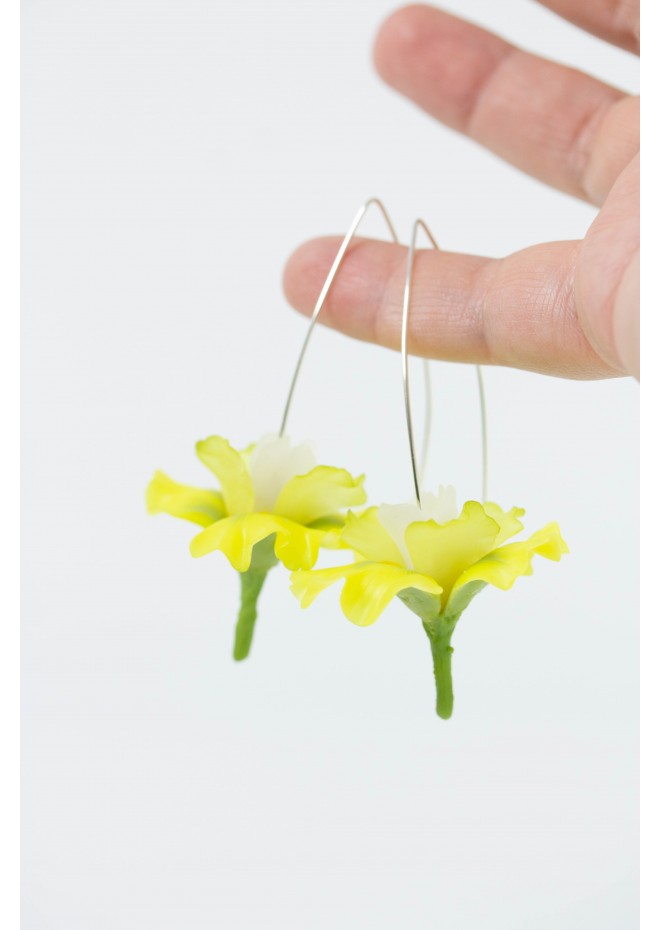 Yellow Iris Flower dangle earrings, lightweight and comfortable earrings, made from polymer clay, by EtenIren