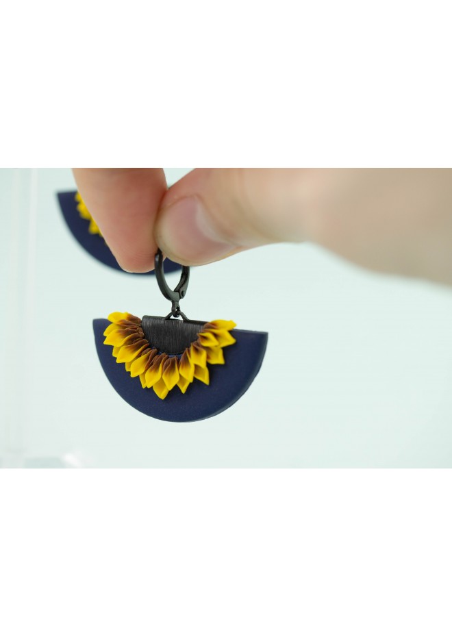Yellow and Blue Sunflower Dangle Earrings. Handmade Unique Sunflowers Jewelry