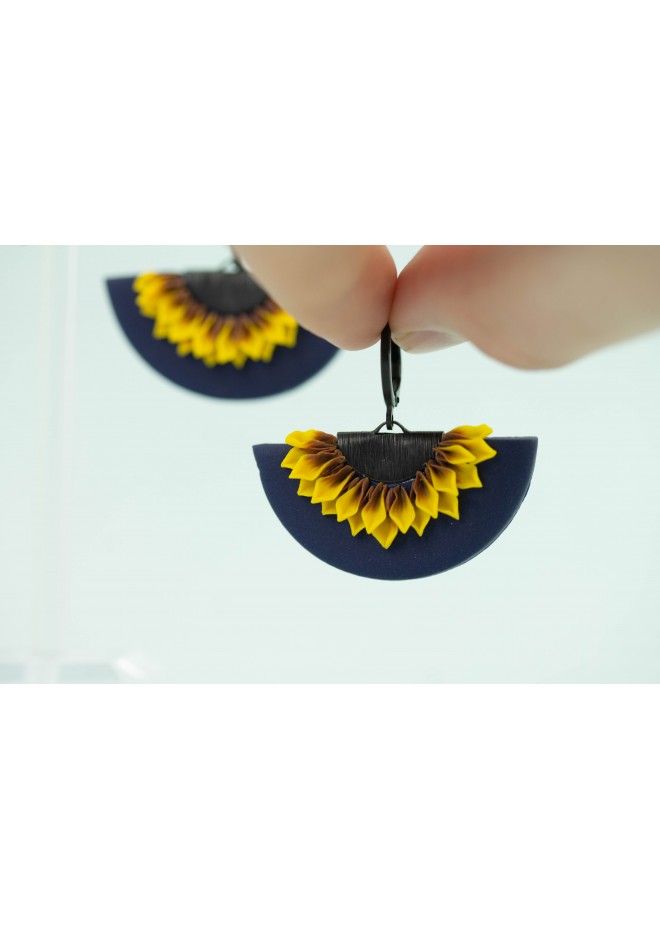 Yellow and Blue Sunflower Dangle Earrings. Handmade Unique Sunflowers Jewelry